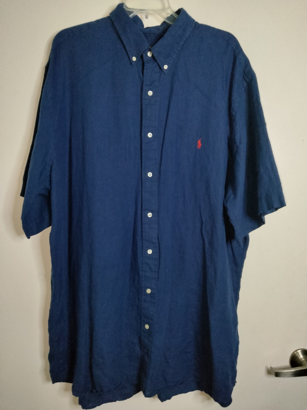 Ralph Lauren (Sz 2XLT) Men's Linen SS Button-Down Shirt - Newport Navy Red Pony